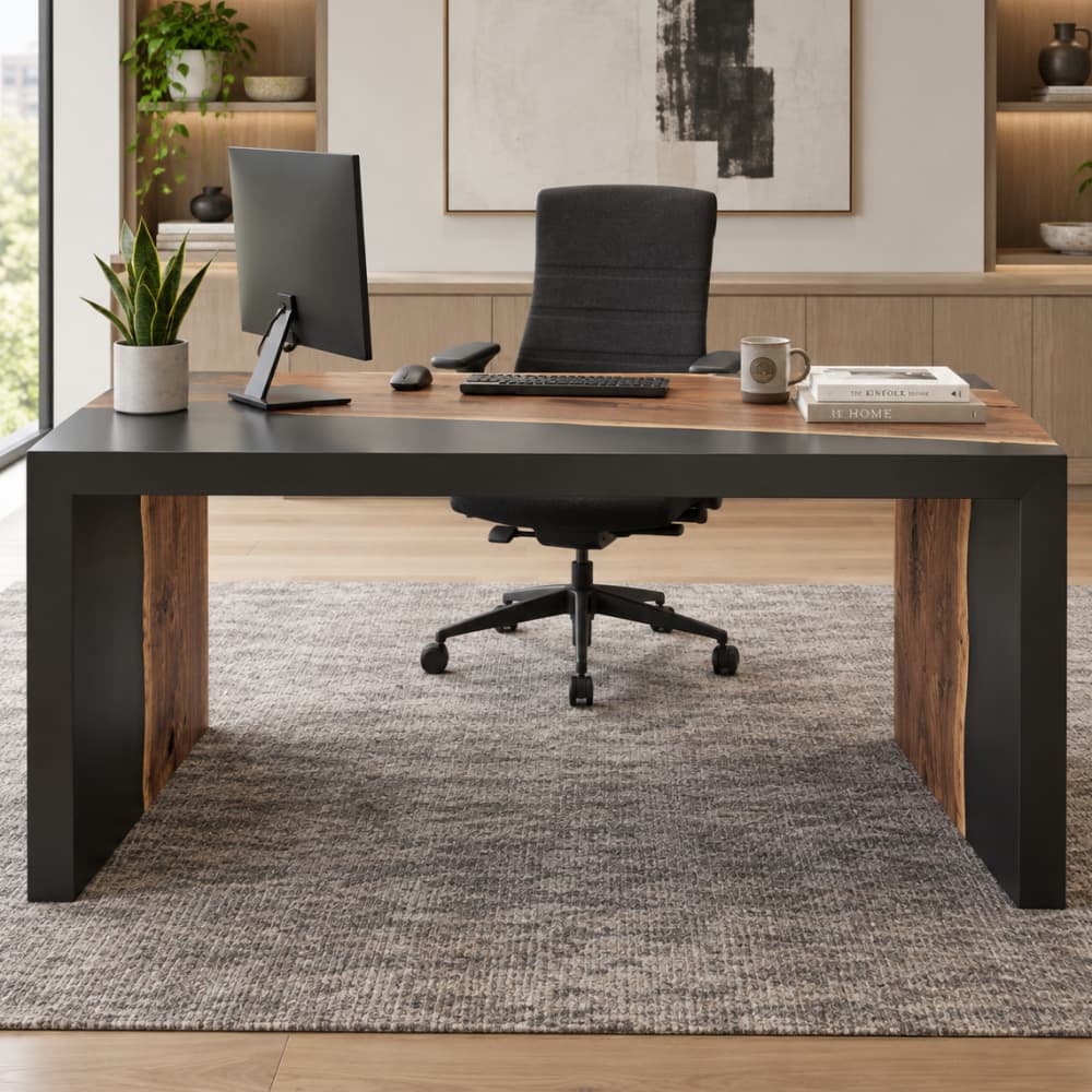Walnut and black resin computer desk with monitor and keyboard for daily office work