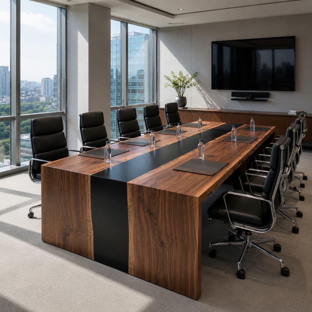 A luxury black walnut and black resin conference table with a waterfall edge design in a modern sunlit corporate boardroom with black leather executive chairs