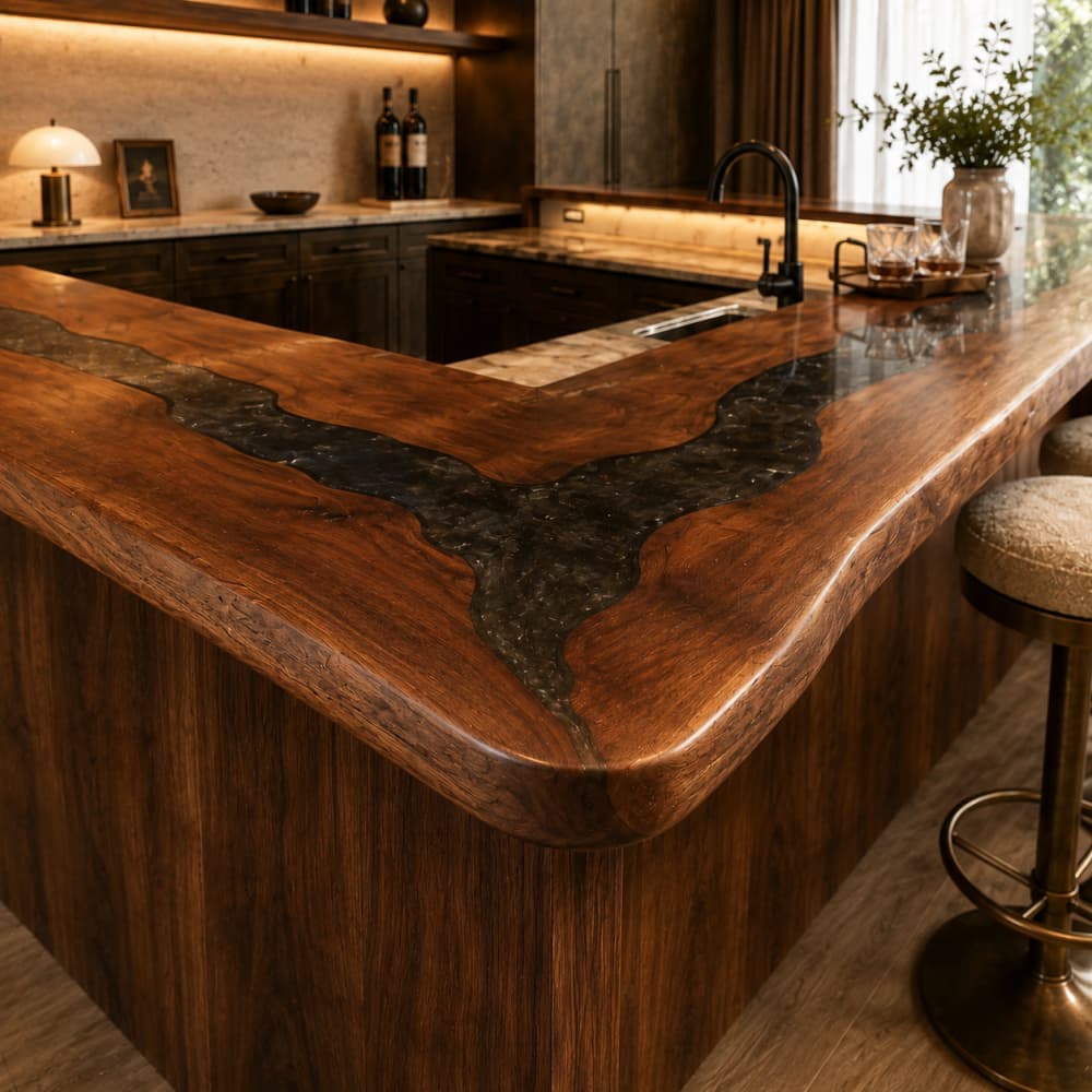 Close-up detail of black swirl epoxy resin and black walnut wood grain on a bar top