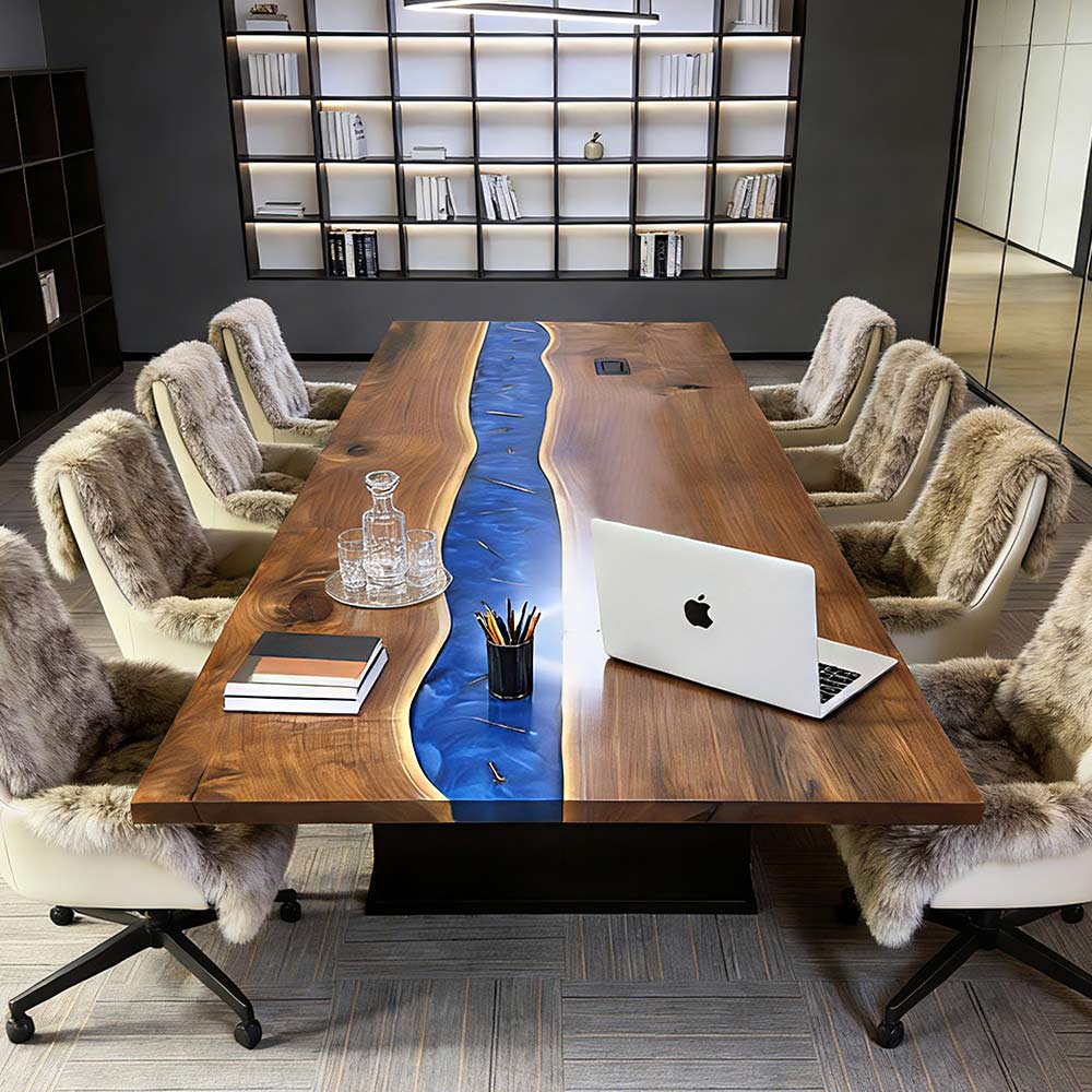 Custom black walnut conference table with deep blue epoxy river in a modern executive boardroom