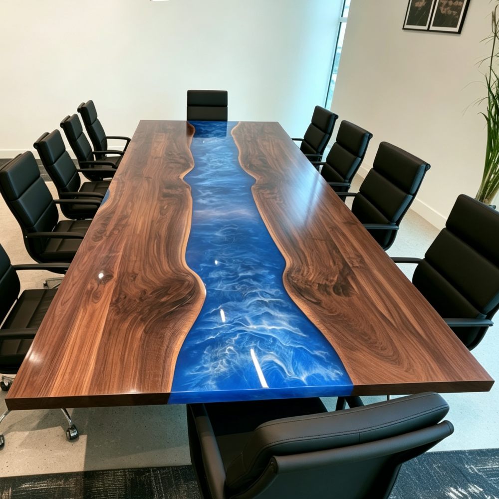 Black Walnut and deep blue epoxy conference table for a modern executive boardroom