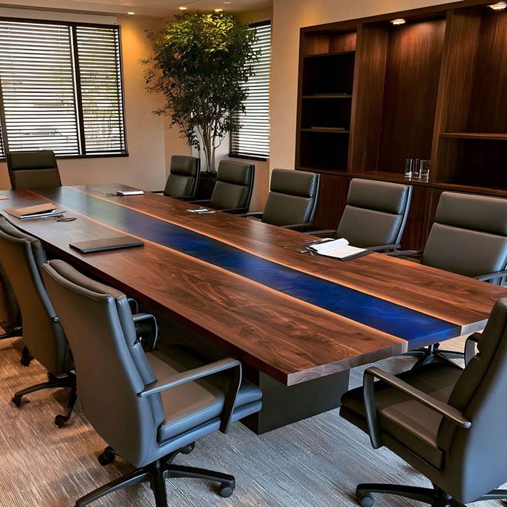 Black Walnut conference table with a deep blue epoxy river in a modern executive boardroom