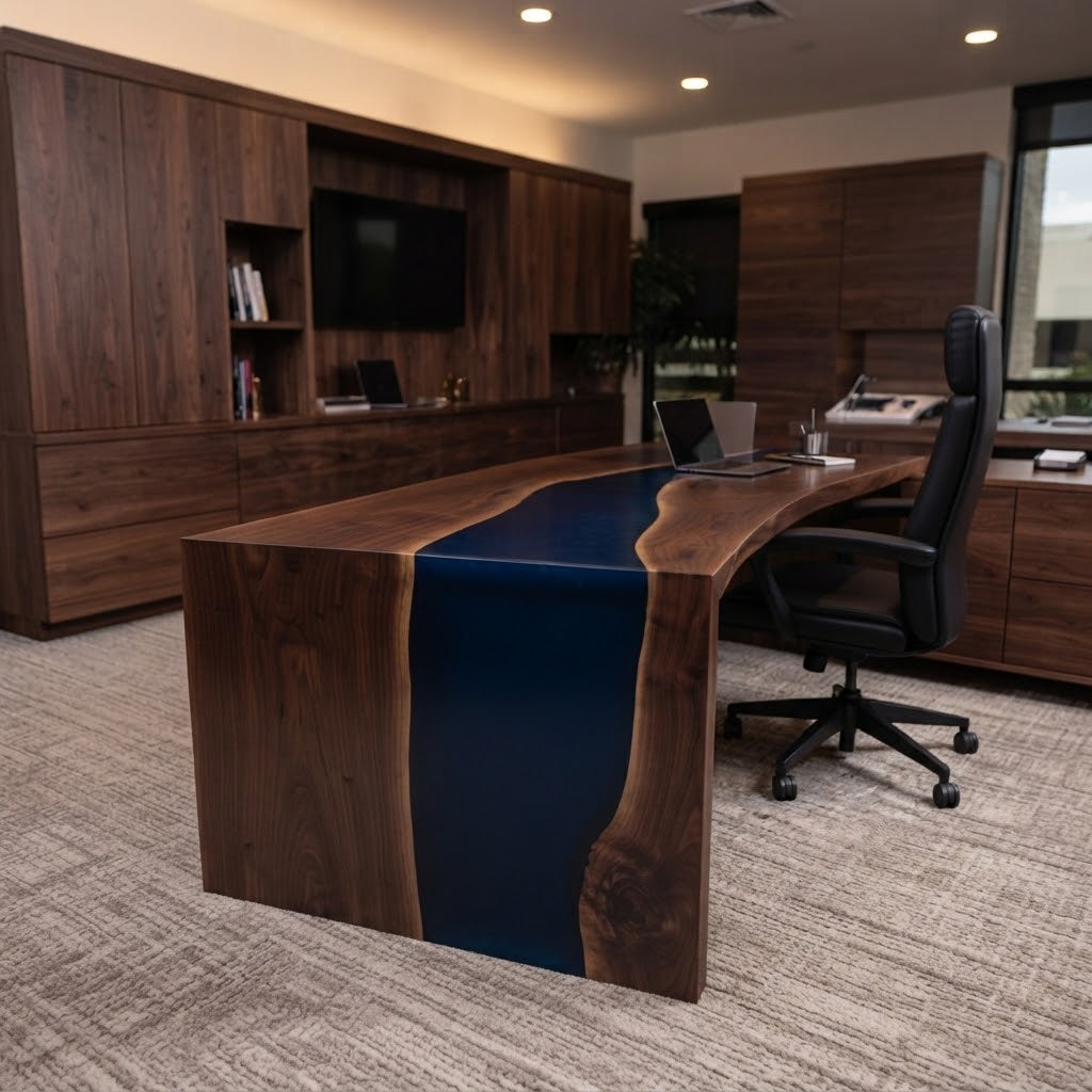 Custom black walnut executive desk with deep blue epoxy resin for a modern private office