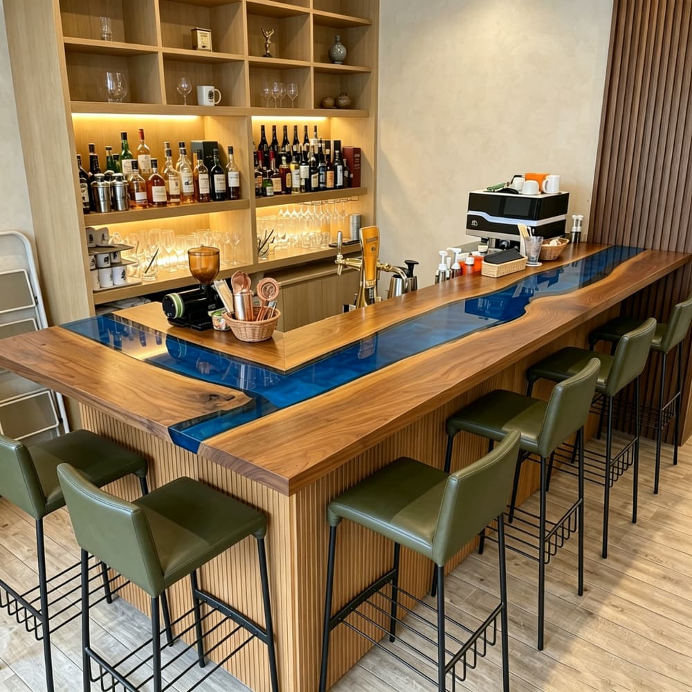 Custom Black Walnut blue epoxy L-shaped bar counter with wraparound seating for a modern commercial bar space