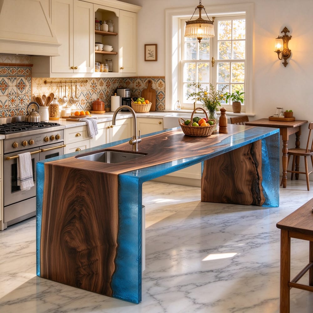 Black walnut kitchen island with blue epoxy resin and a natural live edge in a bright farmhouse kitchen.