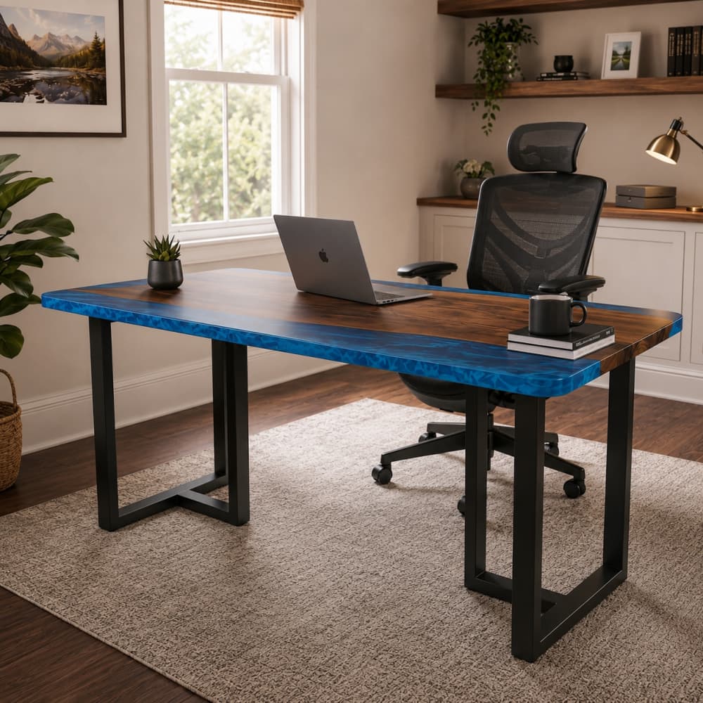 Custom walnut epoxy writing desk for a modern home office setup