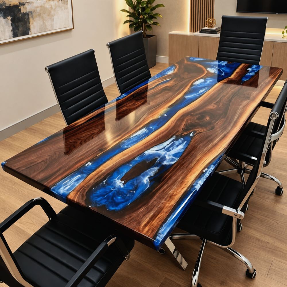 Black Walnut conference table with blue and white epoxy resin for an executive boardroom