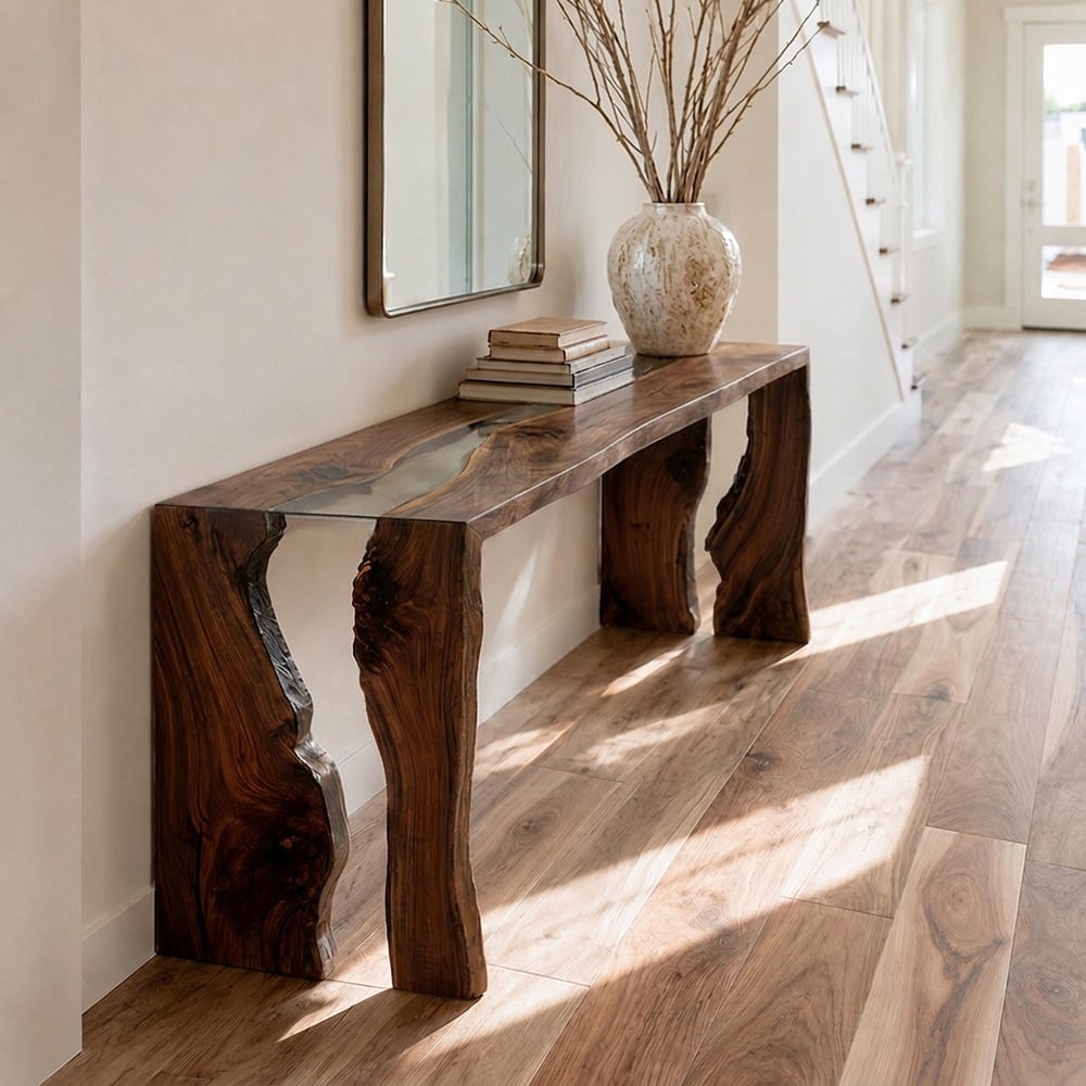 Custom black walnut clear epoxy waterfall console table styled in a bright modern entryway