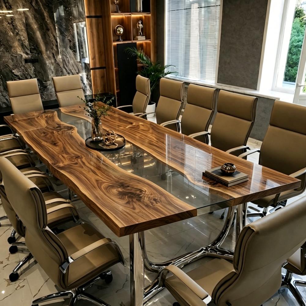 Large live edge black walnut boardroom table with a crystal clear epoxy resin river centered in a modern high-end executive office space