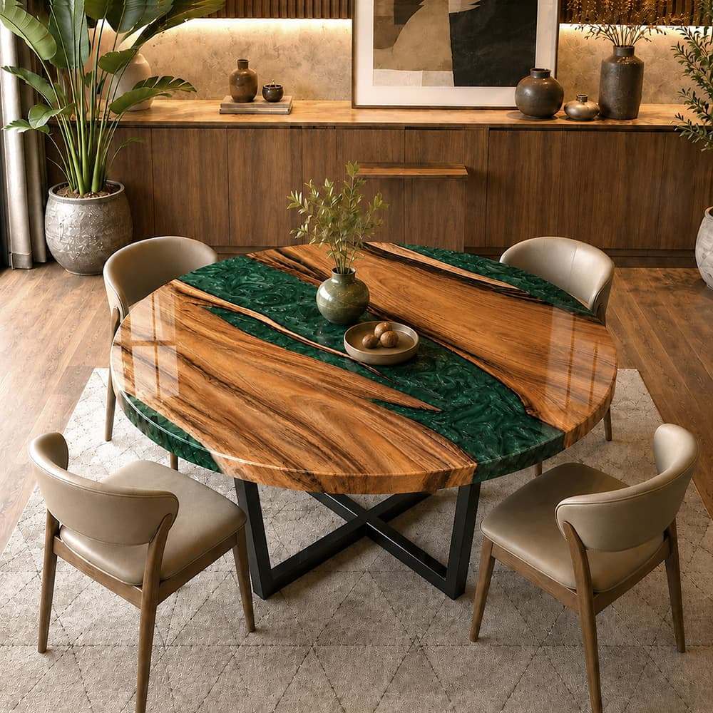 Custom epoxy coffee table with natural wood grain, a polished resin surface, and a clean round profile.