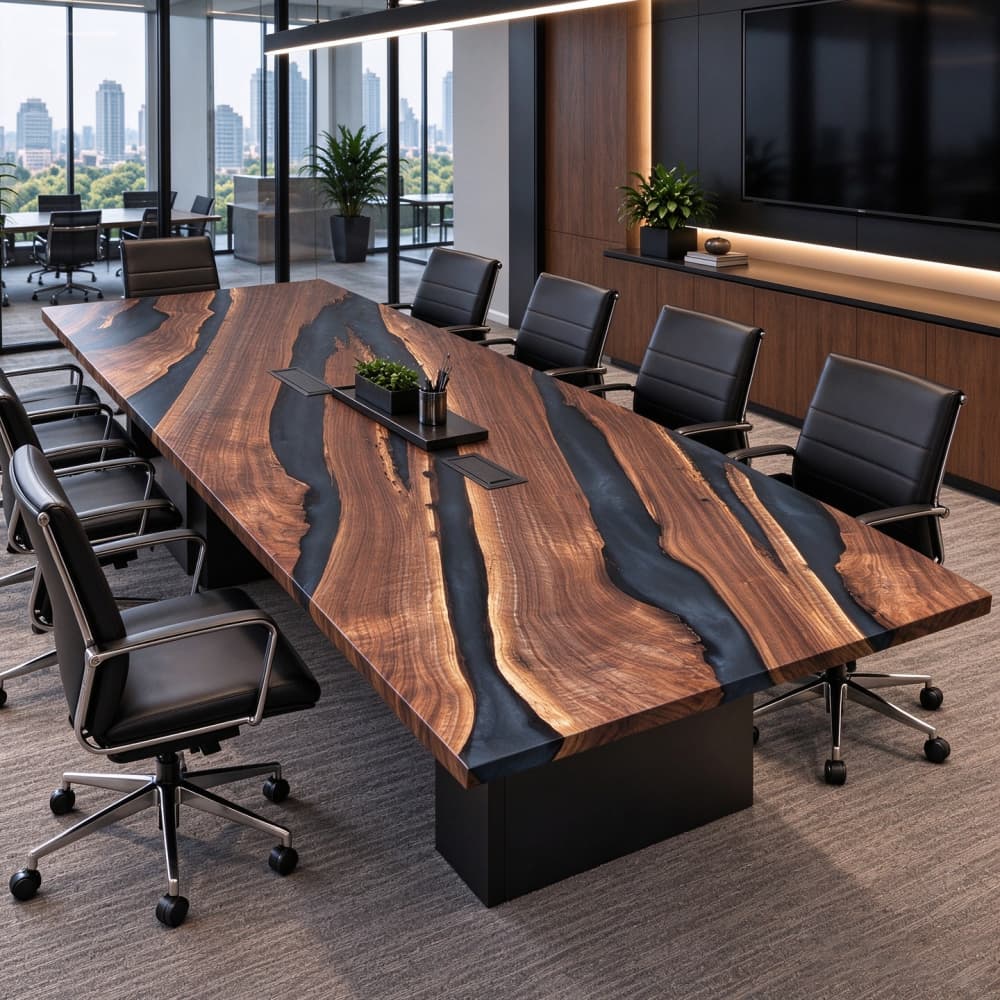 Black walnut dark gray epoxy resin conference table in modern glass wall office, solid wood rectangular boardroom meeting desk