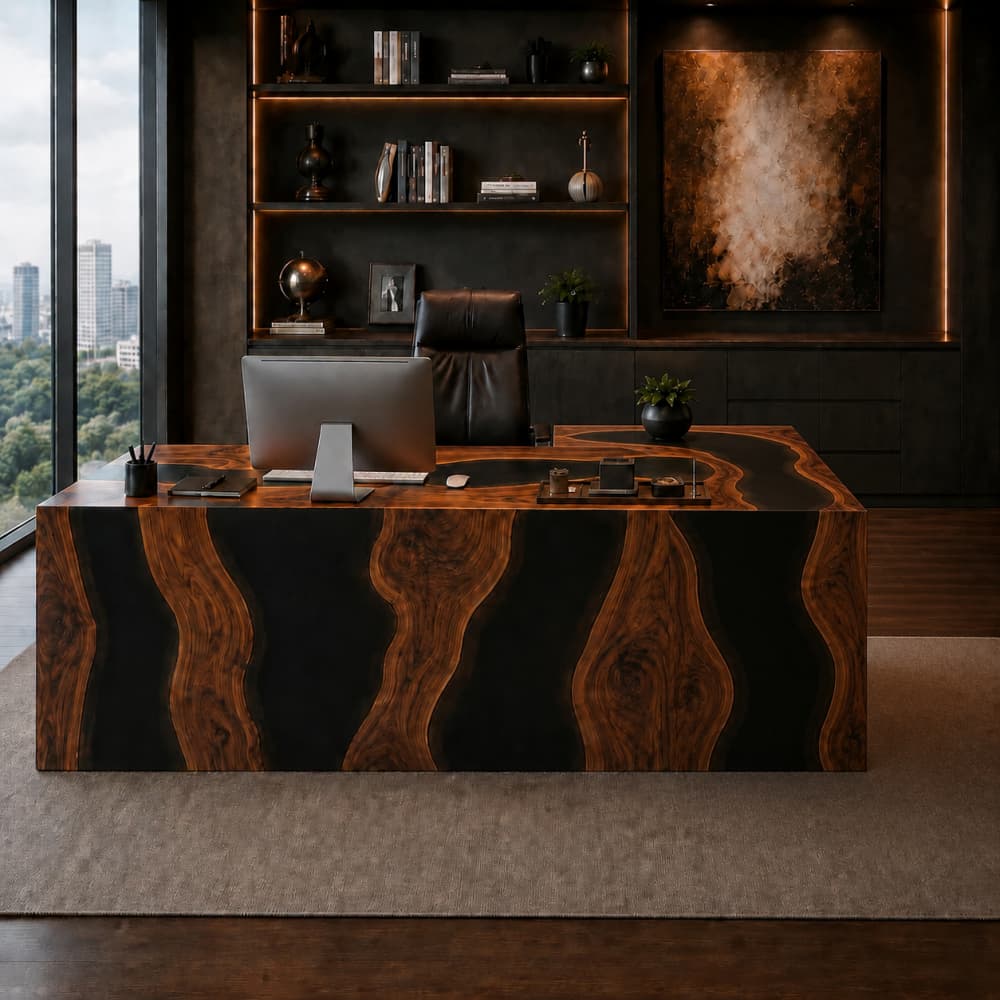 Black walnut L-shaped executive desk with dark resin bands in a modern private office