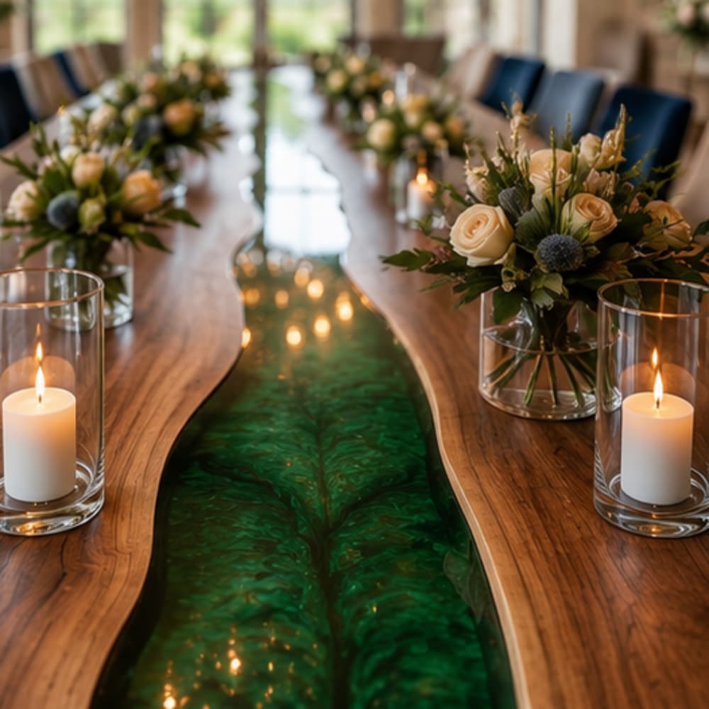 Black walnut banquet table featuring an emerald swirl epoxy river for luxury dining spaces