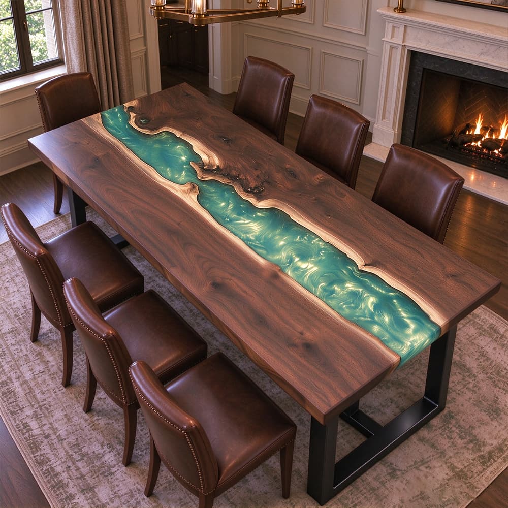 Large black walnut resin river dining table with emerald green swirls set in a luxury dining room with leather chairs.