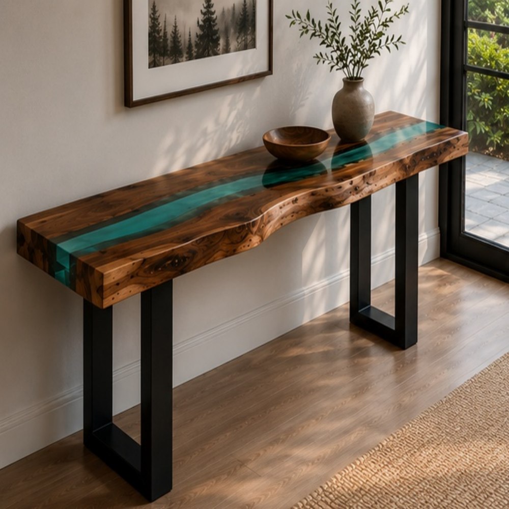 Black walnut console table with transparent emerald green epoxy river