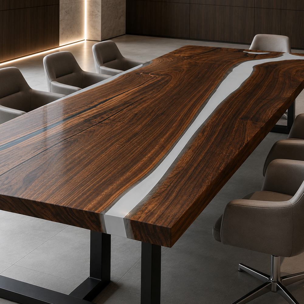 Large epoxy conference table with a spacious tabletop and integrated power for modern conference rooms