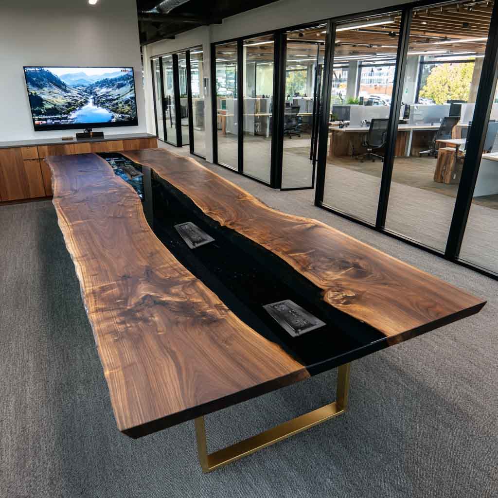 Long wooden table with black resin inlay in an office setting