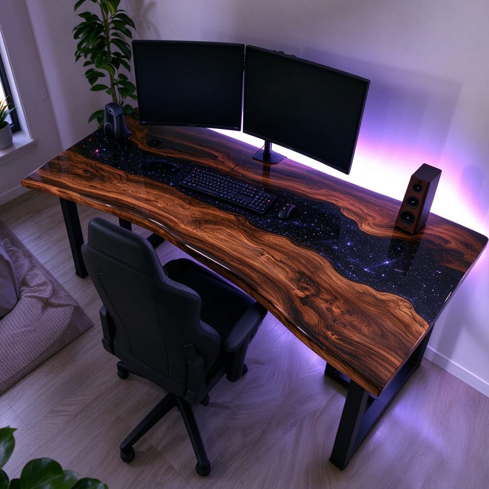 Modern black walnut epoxy gaming desk setup with dual monitors, black metal legs, and a spacious desktop for gaming and home office use.