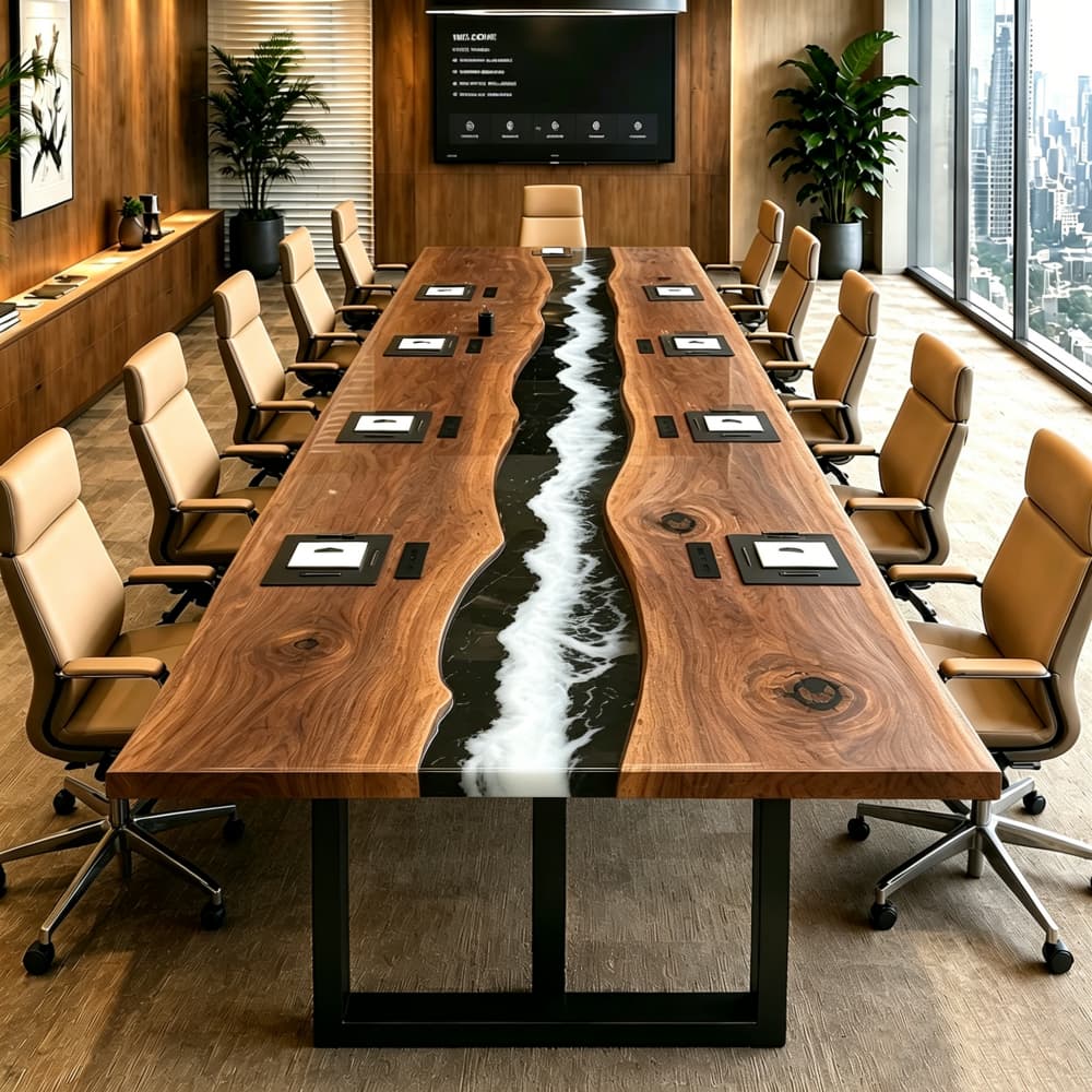 16 feet live edge black walnut and ocean wave epoxy resin conference table for a modern executive boardroom