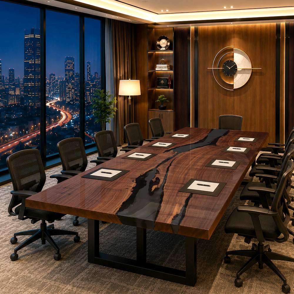 Custom black walnut epoxy resin conference table with a black river inlay inside a modern luxury skyscraper boardroom office
