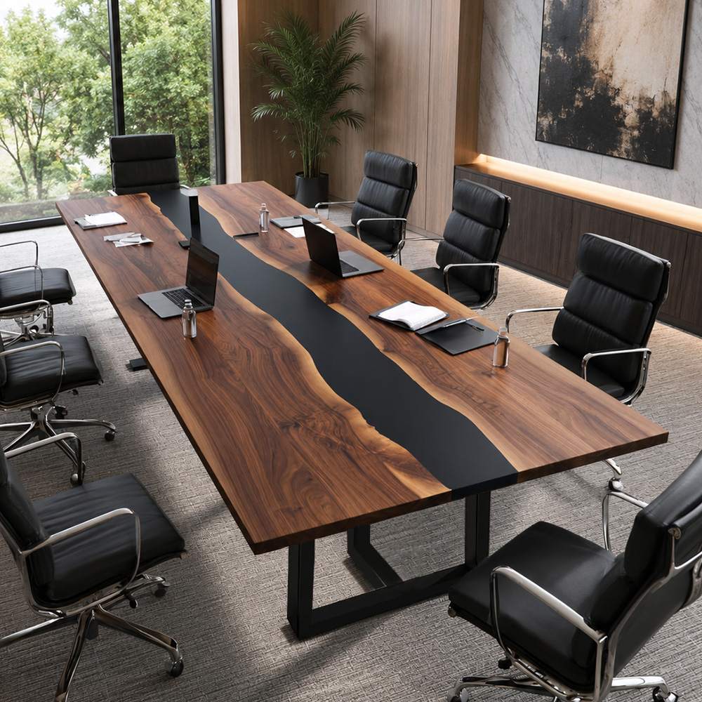 Handcrafted black walnut epoxy resin conference table with natural live edge for executive boardrooms