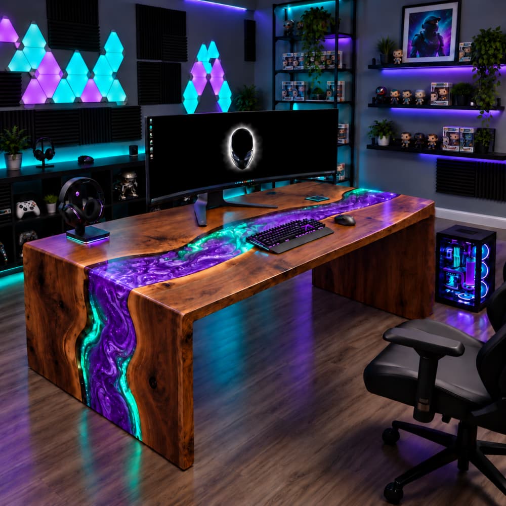 Handcrafted black walnut live edge river epoxy resin gaming desk with glowing purple teal resin for gamer battlestation setup