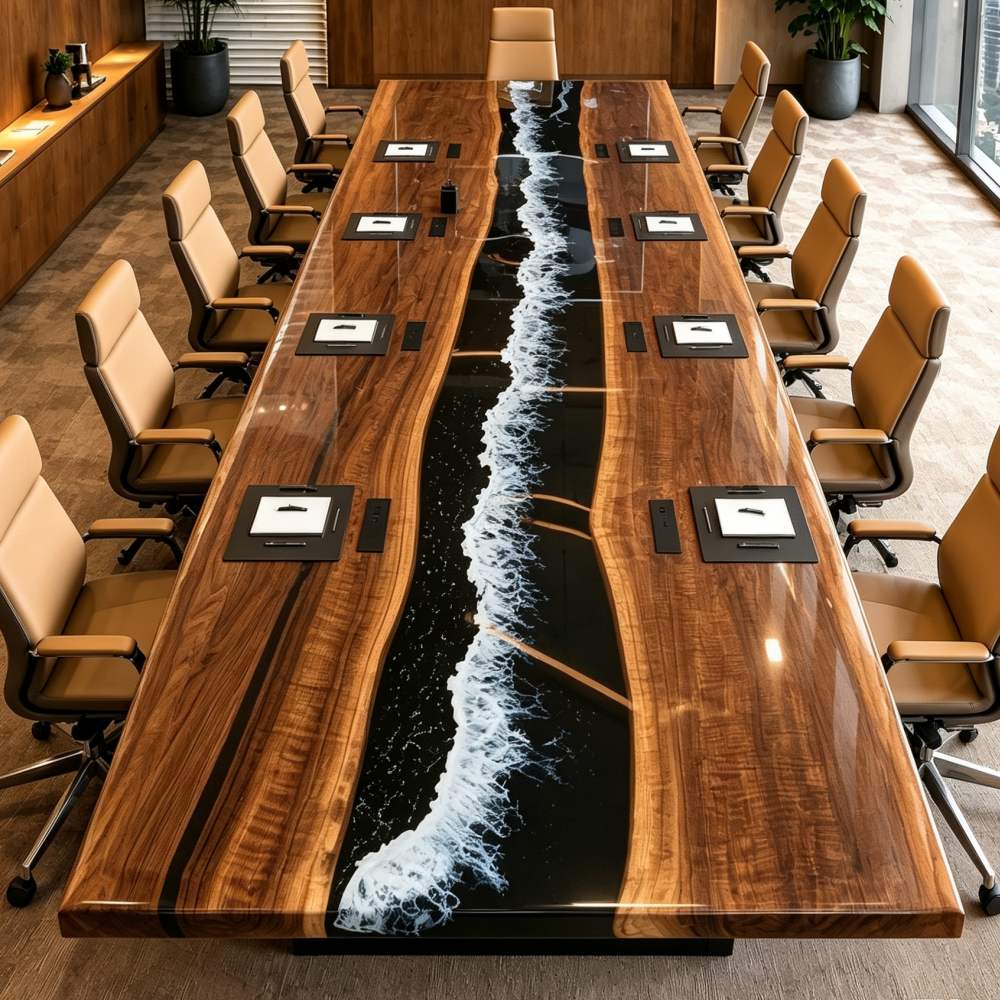 16 feet live edge black walnut and ocean wave epoxy resin conference table for a modern executive boardroom
