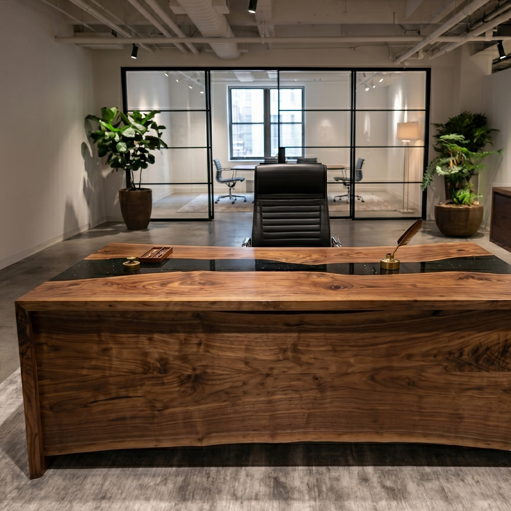 Wooden desk with a black chair in an office setting with large windows and plants.