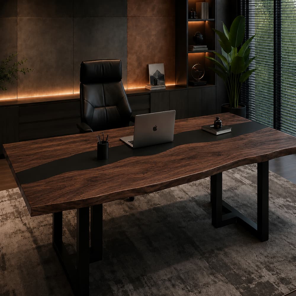 Black walnut executive desk featuring a black epoxy resin river in a luxury office