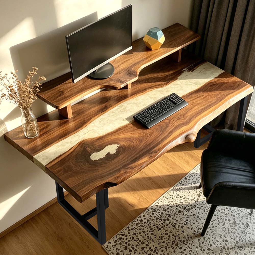 black walnut executive desk with ivory epoxy river and monitor riser