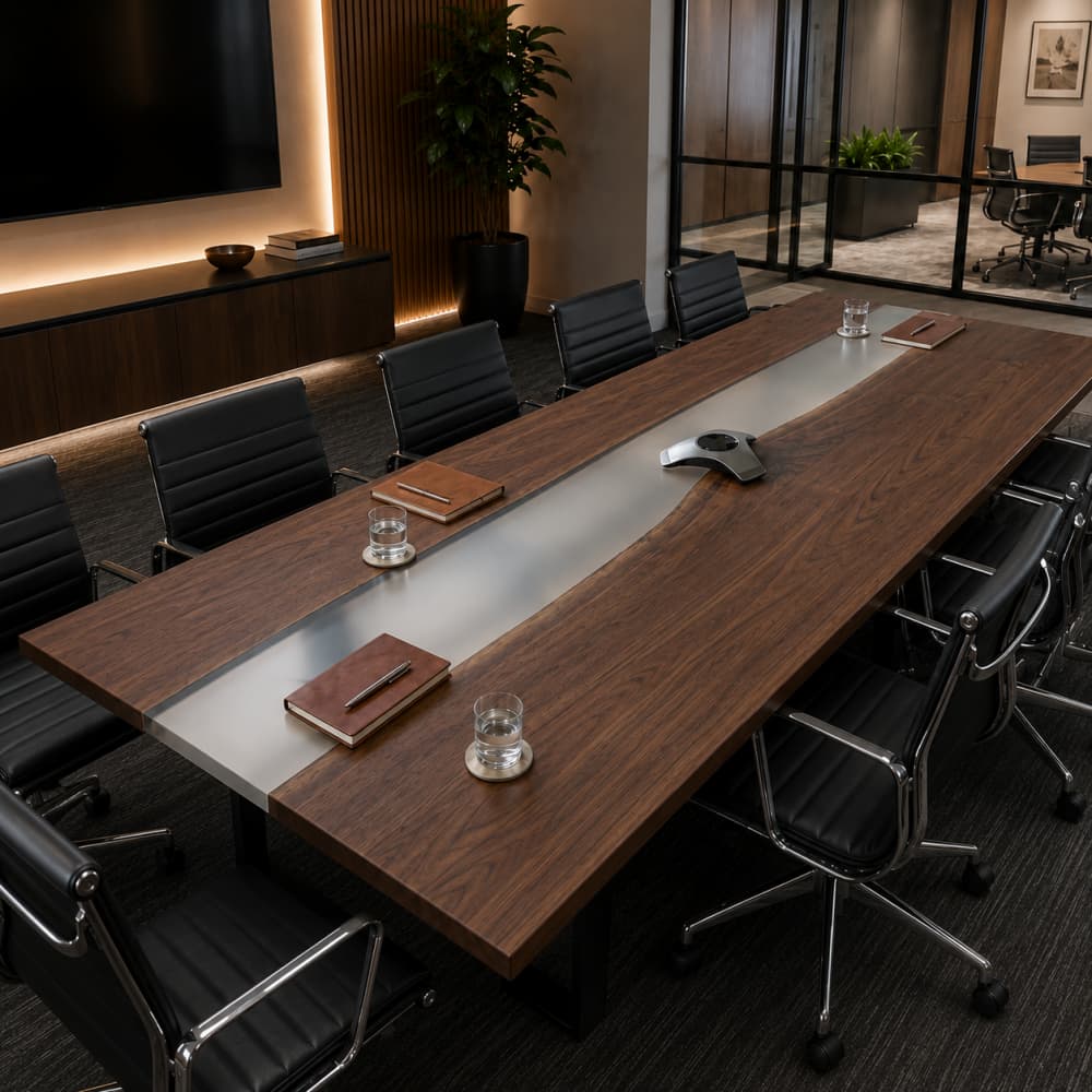 Black walnut conference table with frosted gray resin in a modern boardroom