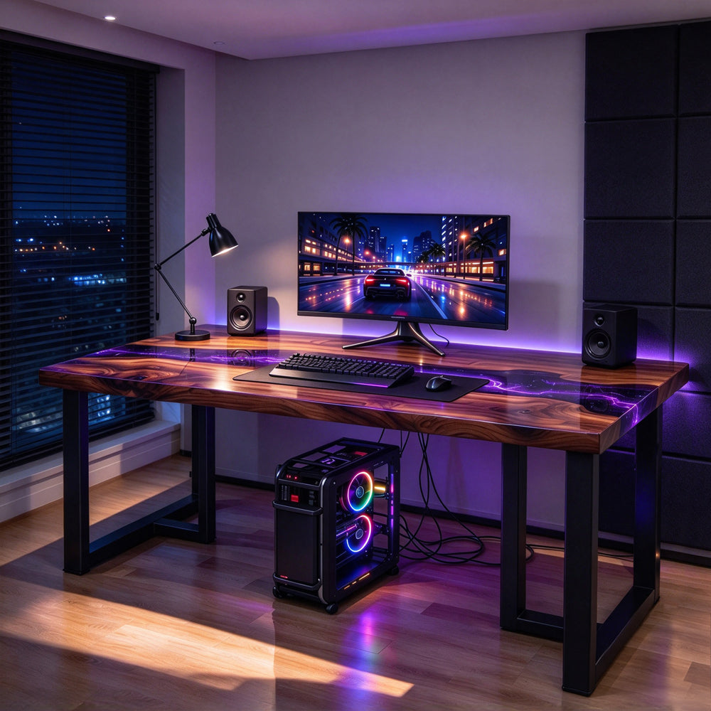Luxury black walnut gaming desk featuring a midnight blue and purple galaxy epoxy resin river, rich natural wood grain, and a sturdy black metal frame in a modern PC gaming room.
