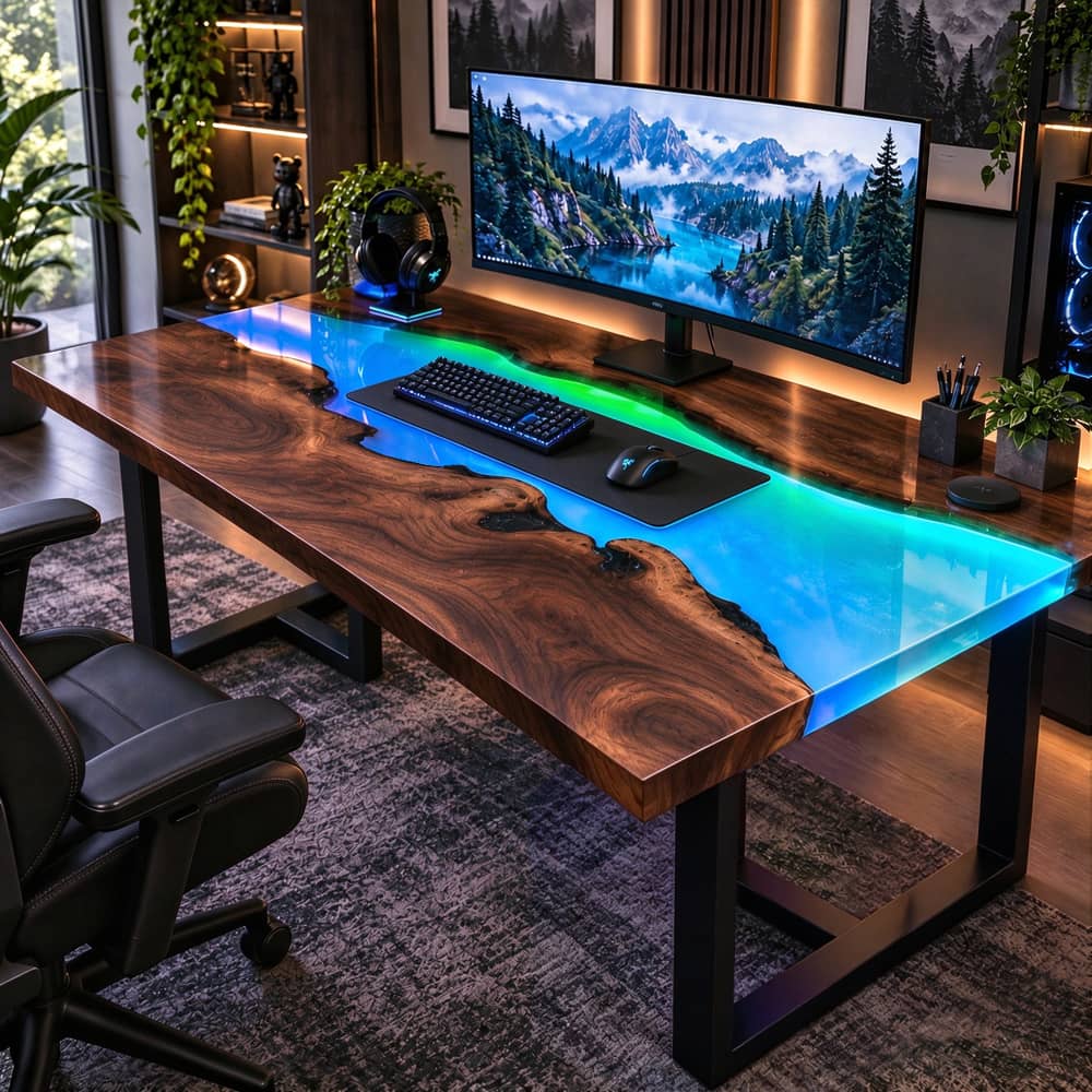 Custom black walnut epoxy gaming desk with a blue-green resin river, glossy tabletop, and black metal legs in a modern gaming room.