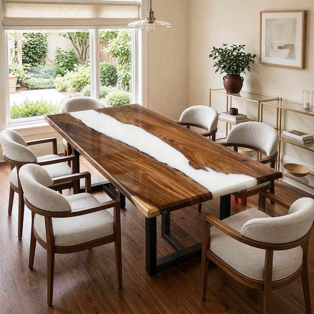 Custom black walnut glossy white epoxy dining and conference table with a rectangular top and black metal base in a bright modern interior