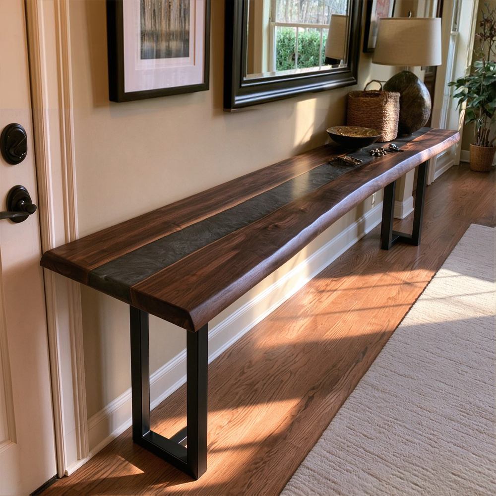 Black Walnut entryway table with gray swirl epoxy and a slim profile for a modern foyer