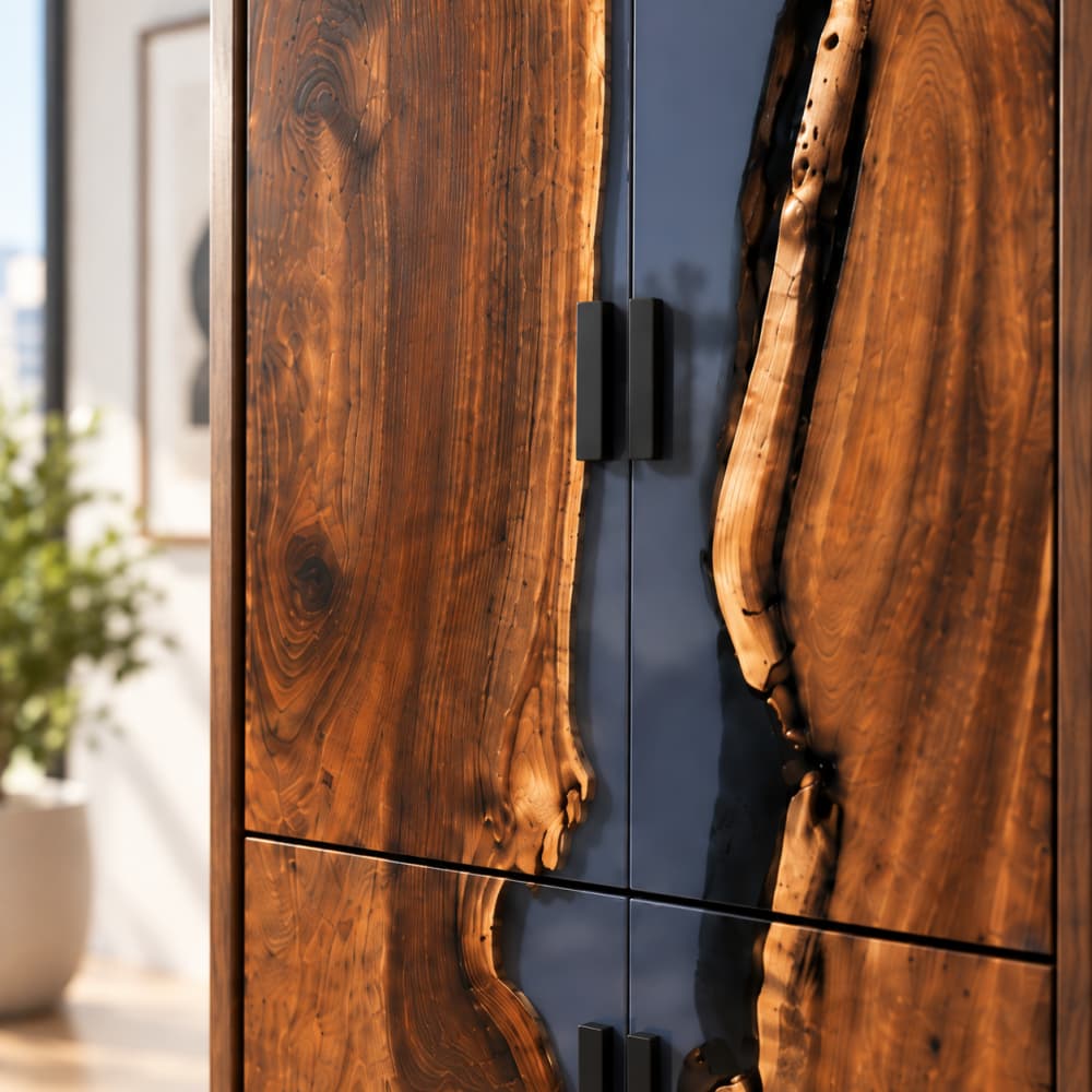 Black Walnut and gray epoxy office cabinet designed to coordinate with custom resin desks and conference tables