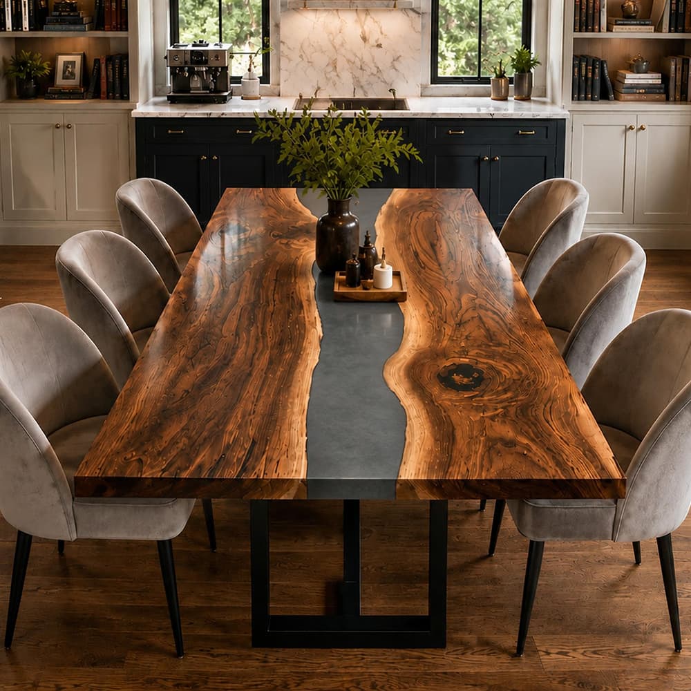 Black walnut dining table with smoke gray epoxy river and contemporary design