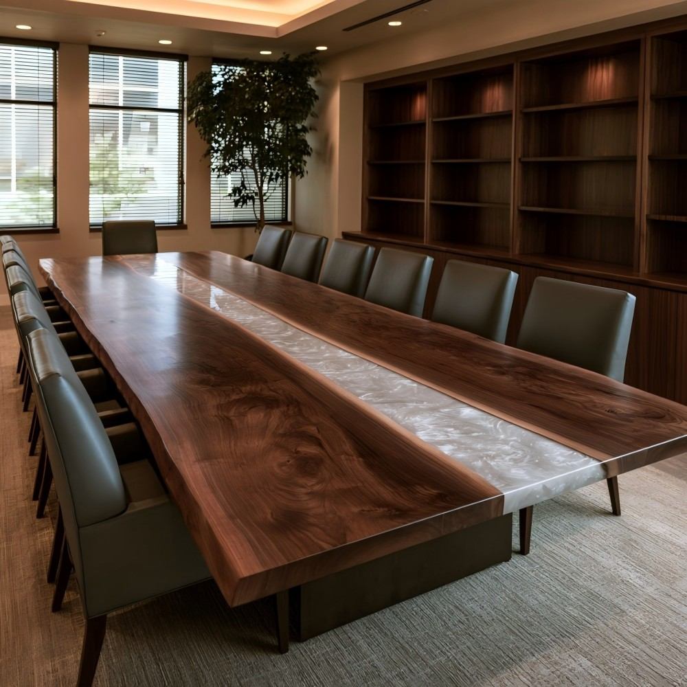 Black Walnut conference table with gray and white swirl epoxy for an executive boardroom