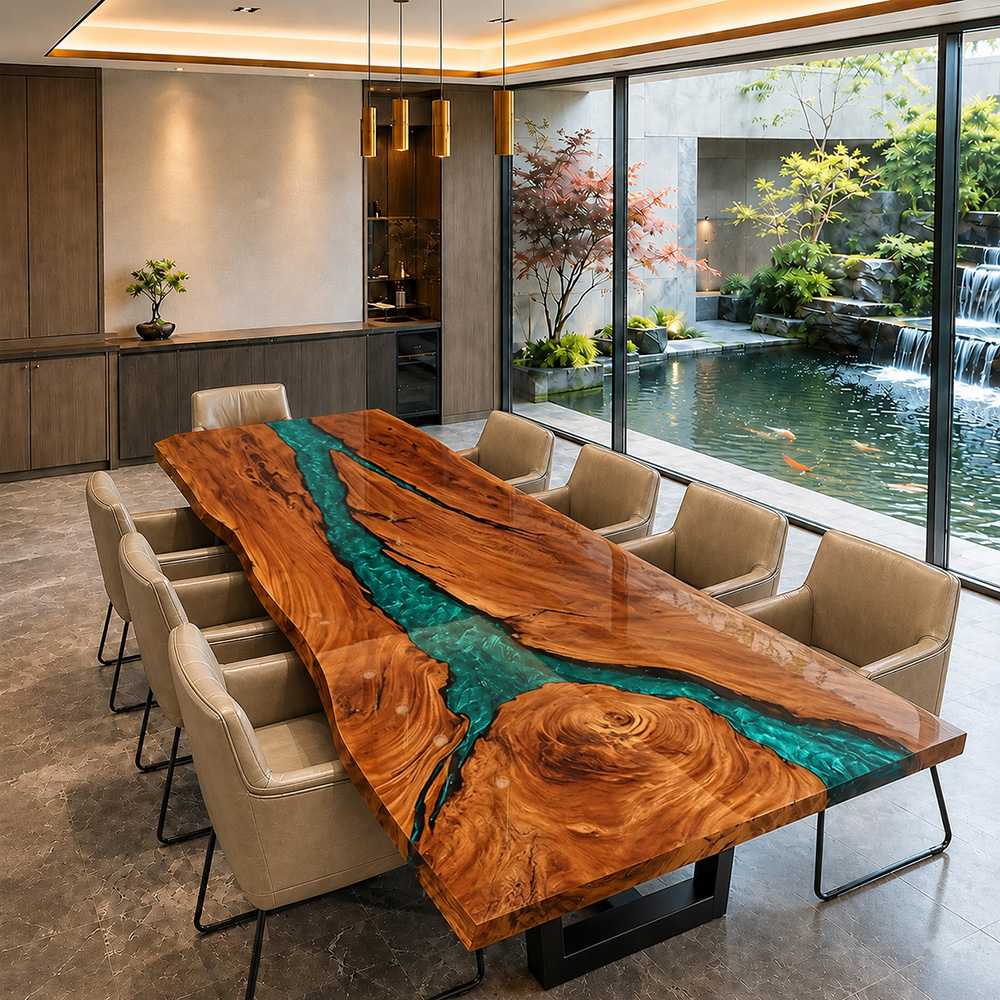 Custom emerald resin front desk crafted from solid black walnut for modern interiors