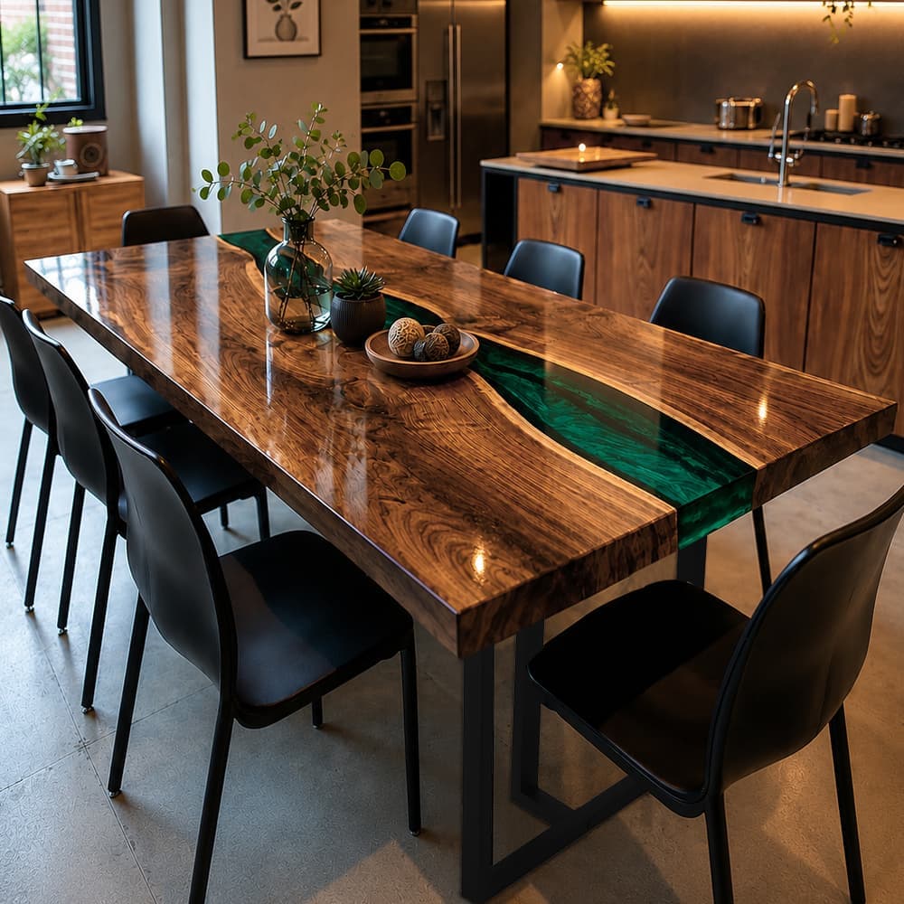 Custom black walnut dining table with emerald green epoxy river and modern metal base