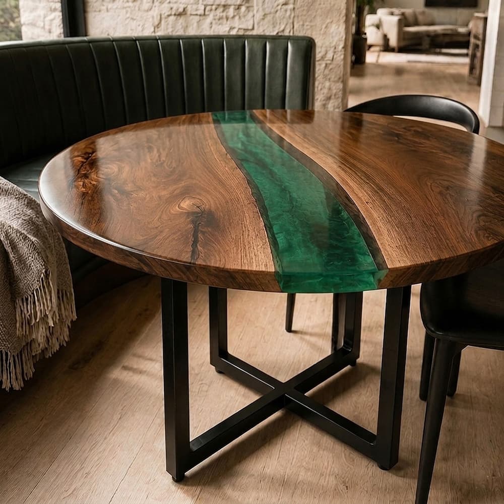 Round black walnut café table featuring a translucent green epoxy river