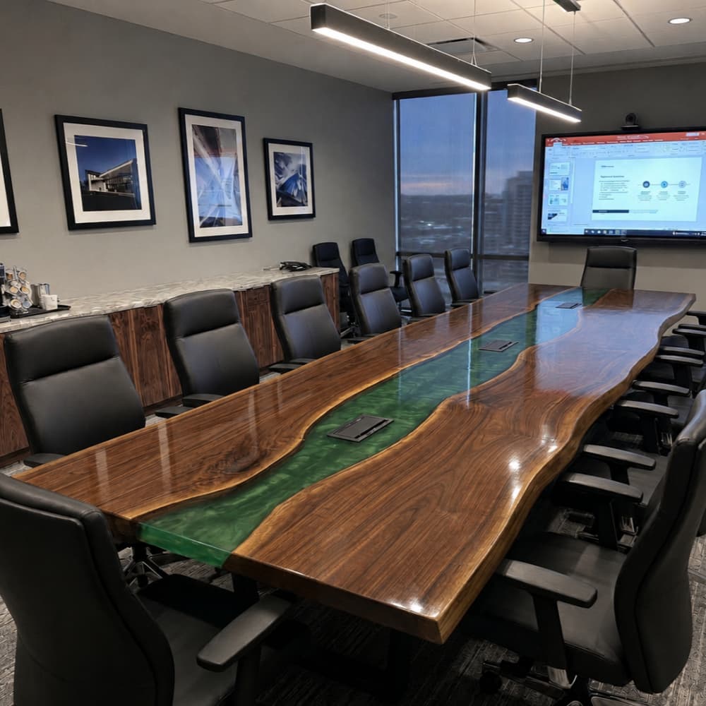 Black walnut green swirl epoxy conference table with live edge wood slabs in a modern executive boardroom