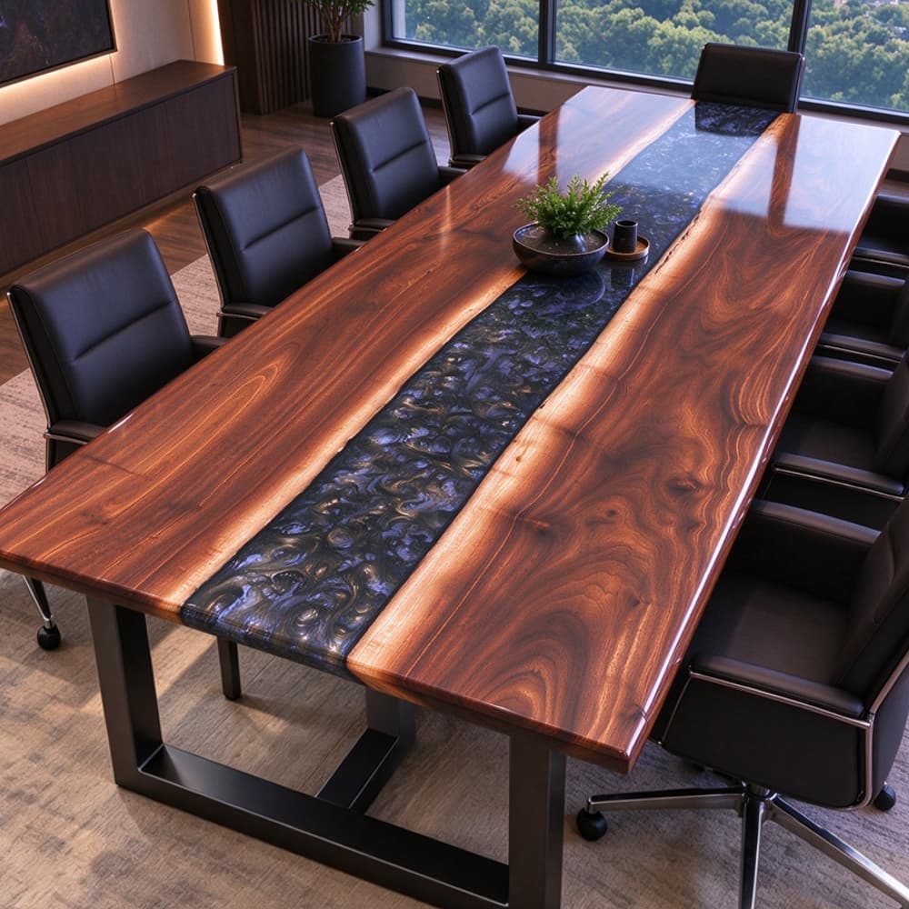 Large black walnut executive conference table with a gunmetal silver swirl resin river surrounded by black leather office chairs.