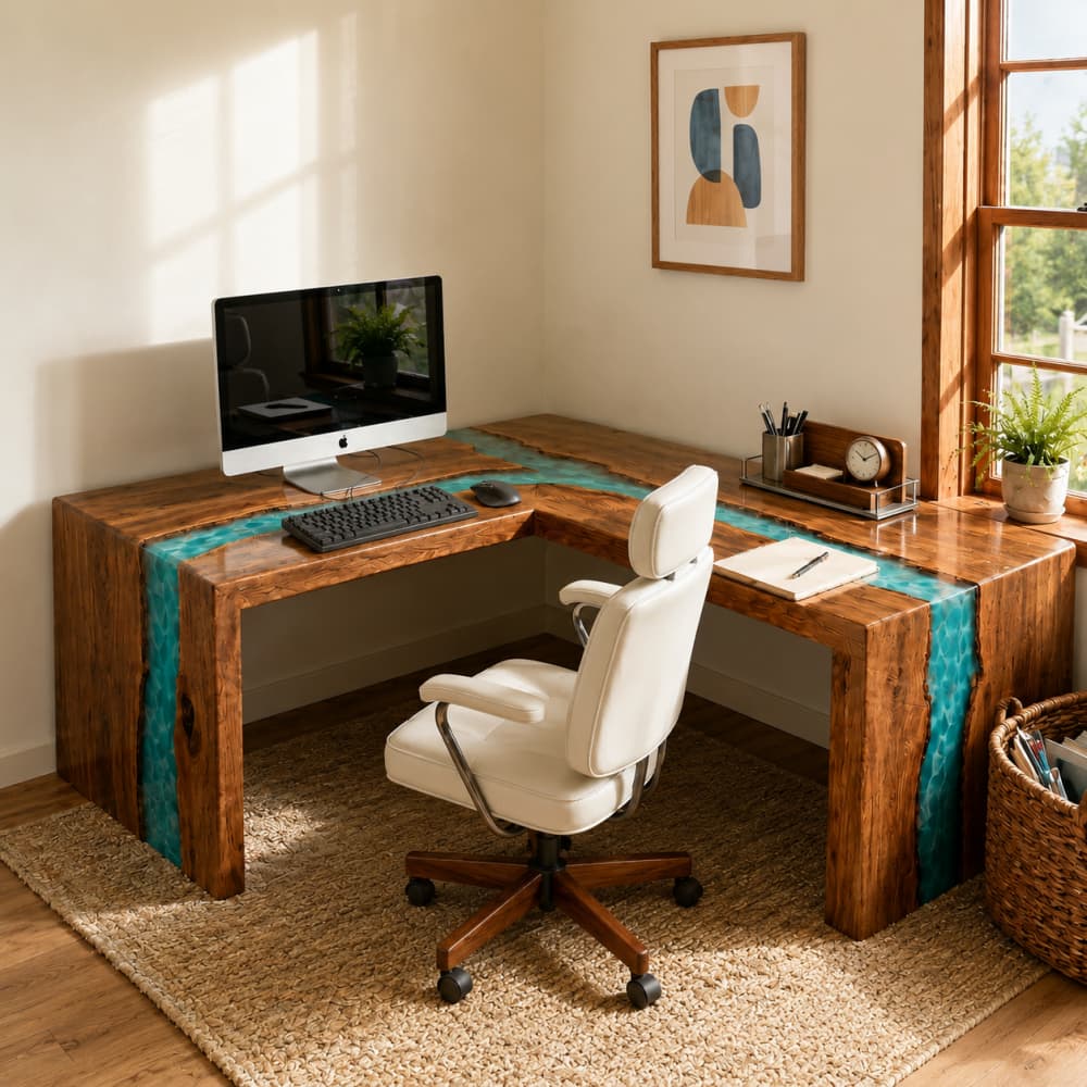Custom L-shaped resin corner desk designed for a modern home office workspace
