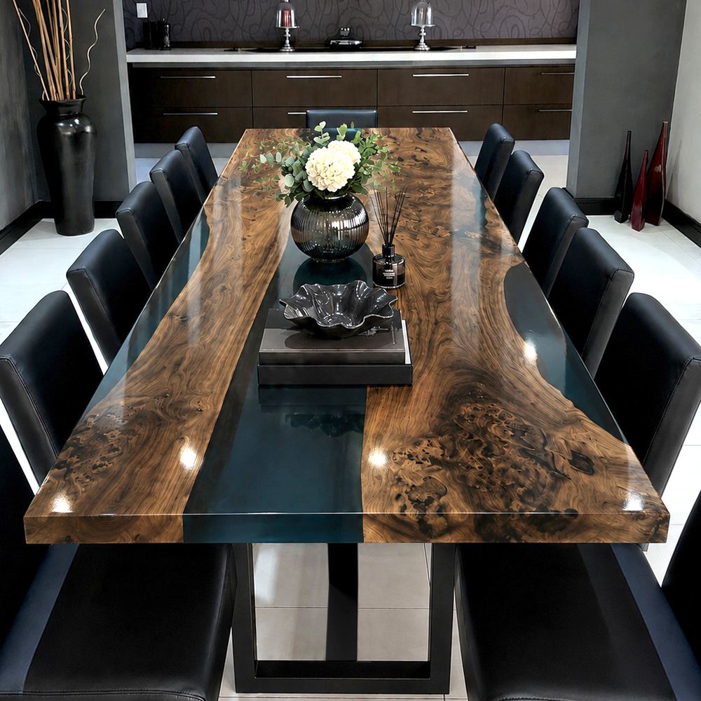 Black walnut lobby table featuring a navy blue epoxy resin river centerpiece