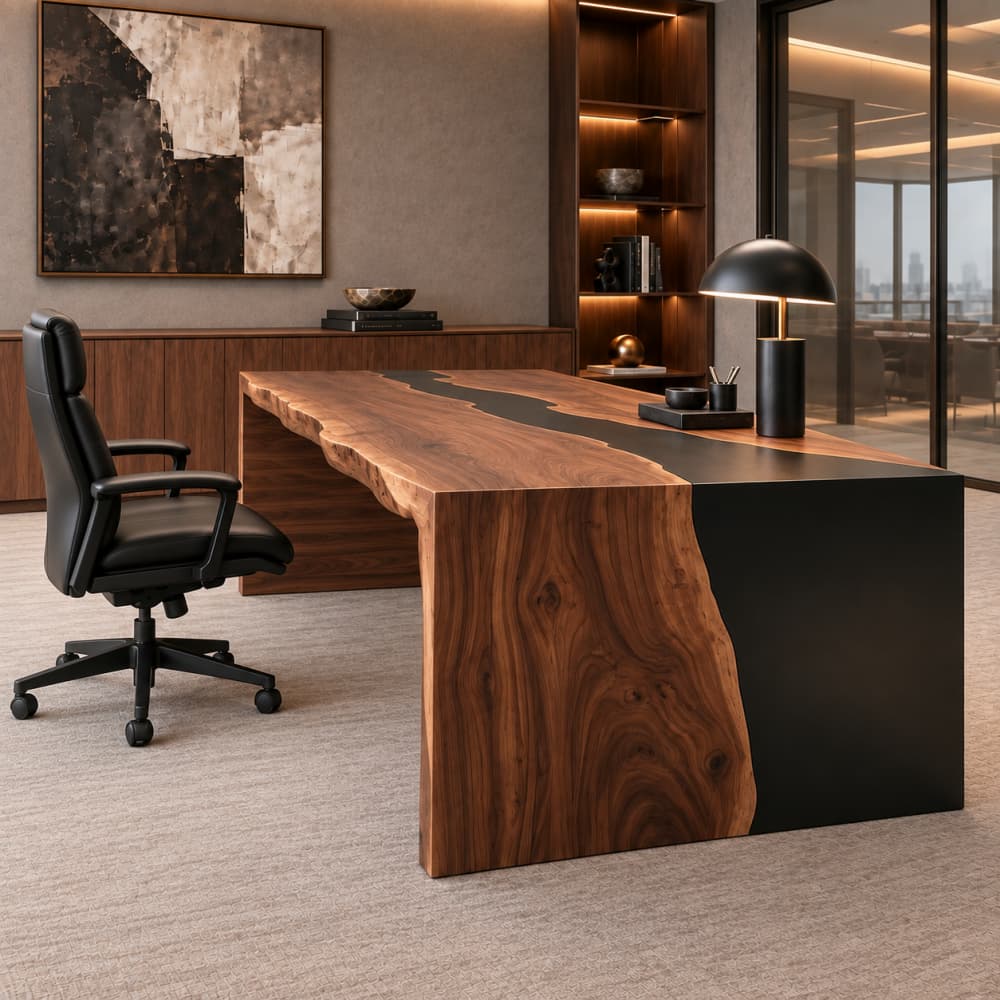 Close-up of rich black walnut grain paired with matte black epoxy resin on a custom executive office desk.