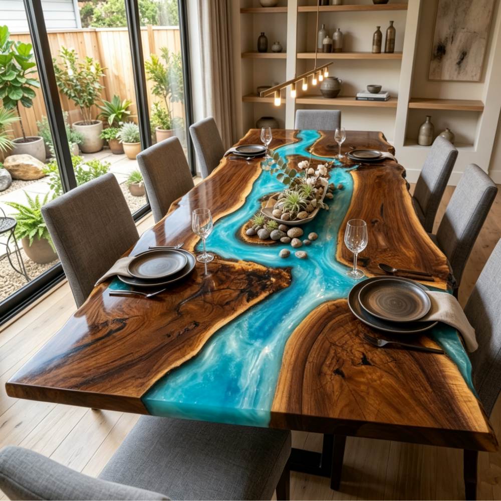 Deep blue, aqua, and translucent resin tones layered across a handcrafted black walnut wood tabletop