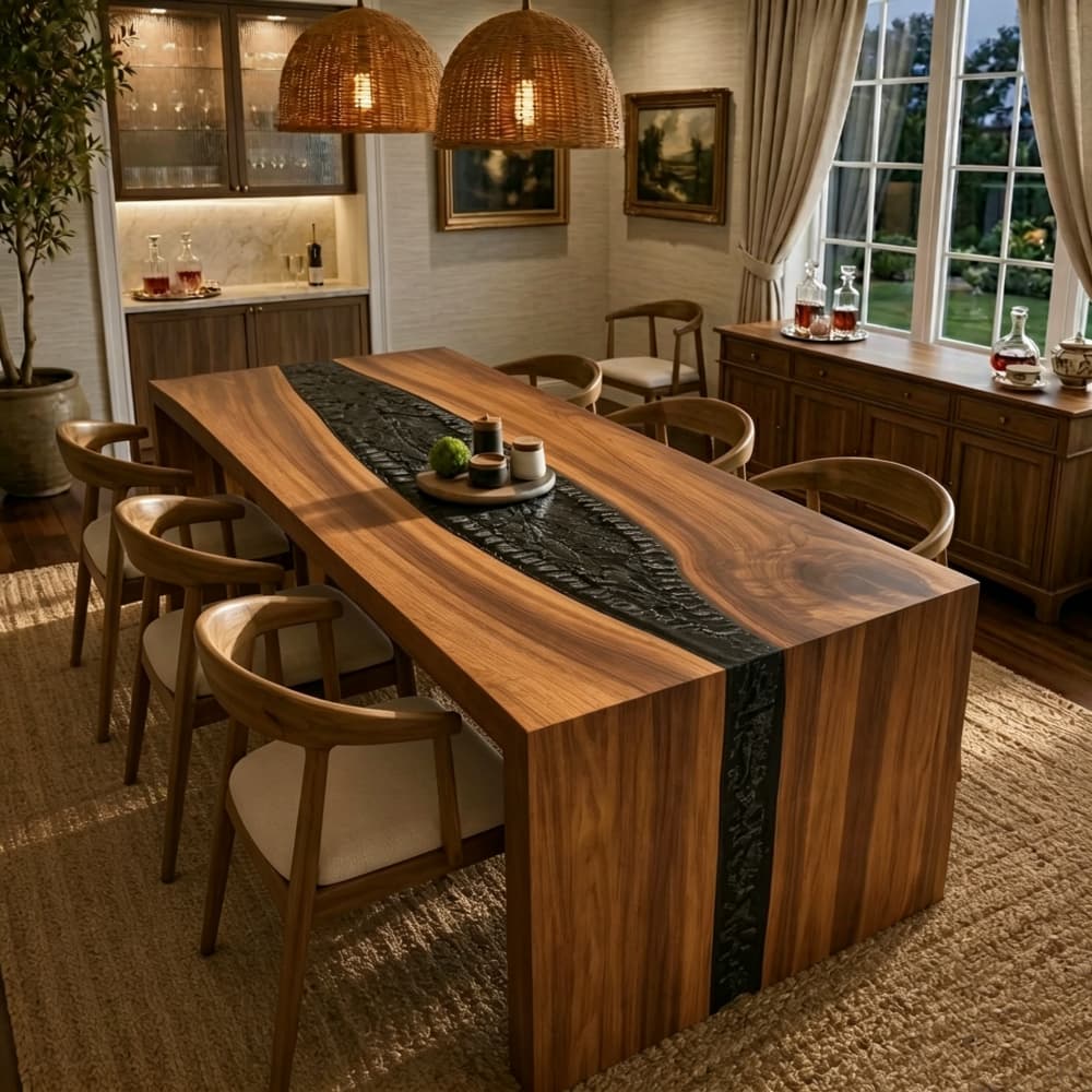 Dark ripple resin walnut dining table with waterfall side panels and natural wood grain for home dining