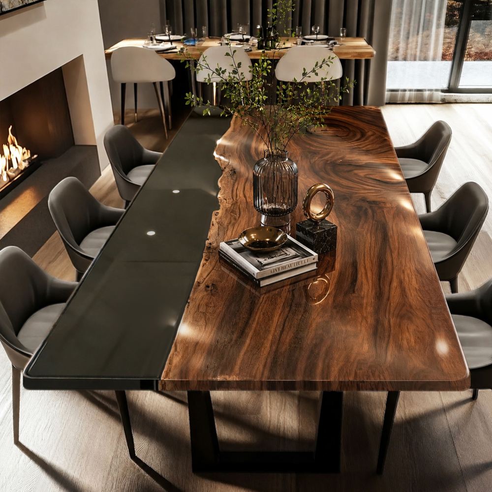 High-gloss black walnut and dark epoxy resin river dining table in a modern dining room.