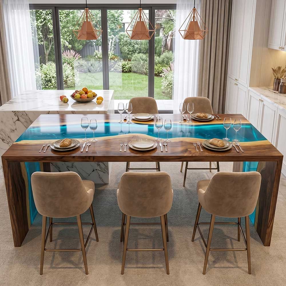 black walnut epoxy river dining table with ocean blue resin waterfall design